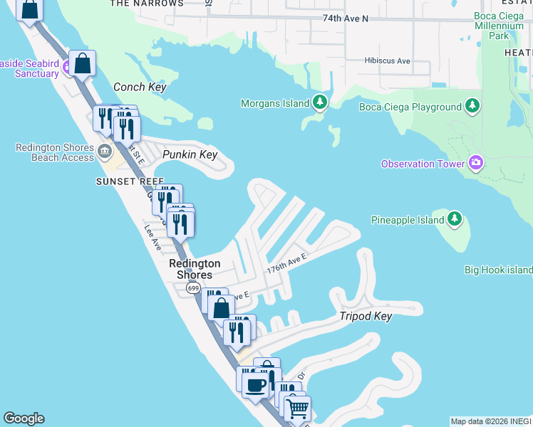 map of restaurants, bars, coffee shops, grocery stores, and more near 17730 Long Point Drive in St. Petersburg