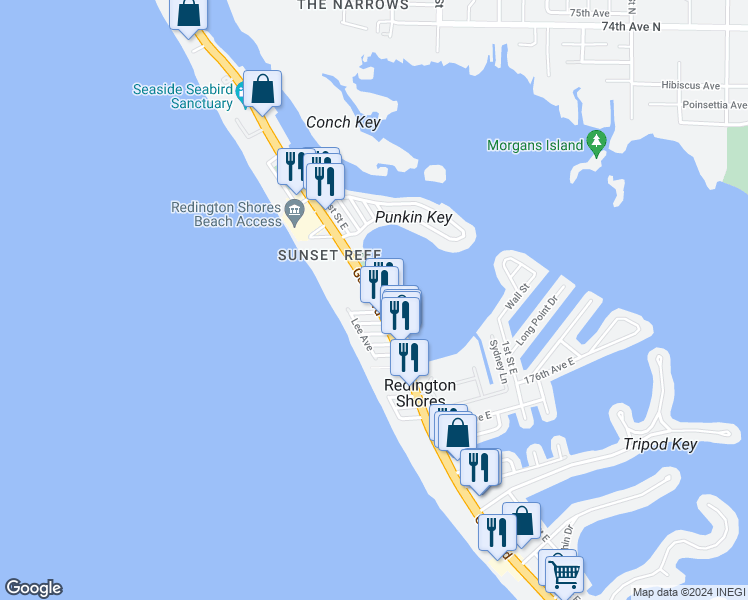 map of restaurants, bars, coffee shops, grocery stores, and more near Gulf Boulevard in Redington Shores