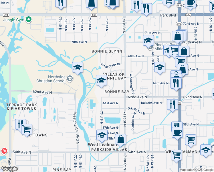 map of restaurants, bars, coffee shops, grocery stores, and more near 6342 Bonnie Bay Circle North in Pinellas Park