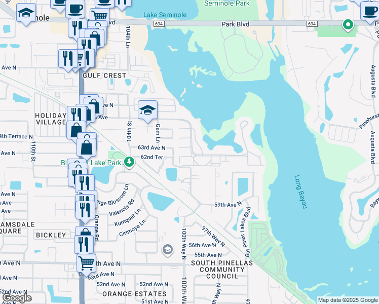 map of restaurants, bars, coffee shops, grocery stores, and more near 10032 65th Avenue North in St. Petersburg