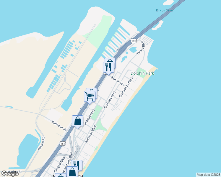 map of restaurants, bars, coffee shops, grocery stores, and more near 4309 Timon Boulevard in Corpus Christi