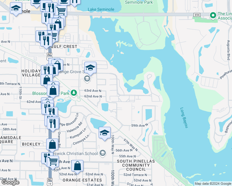 map of restaurants, bars, coffee shops, grocery stores, and more near 10039 62nd Avenue North in St. Petersburg
