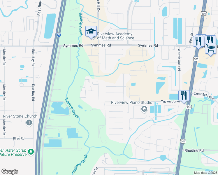 map of restaurants, bars, coffee shops, grocery stores, and more near 10202 Tucker Jones Road in Riverview
