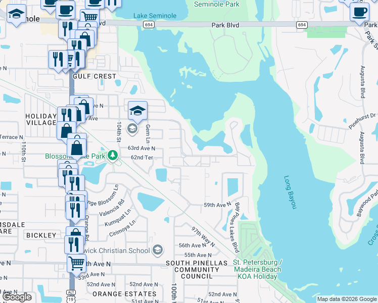 map of restaurants, bars, coffee shops, grocery stores, and more near 10032 65th Avenue North in St. Petersburg