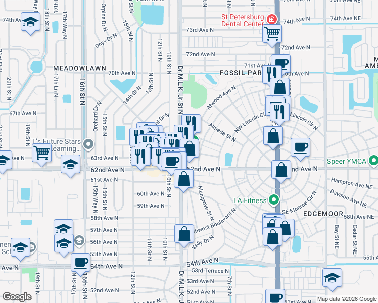 map of restaurants, bars, coffee shops, grocery stores, and more near 6329 Doctor Martin Luther King Junior Street North in St. Petersburg