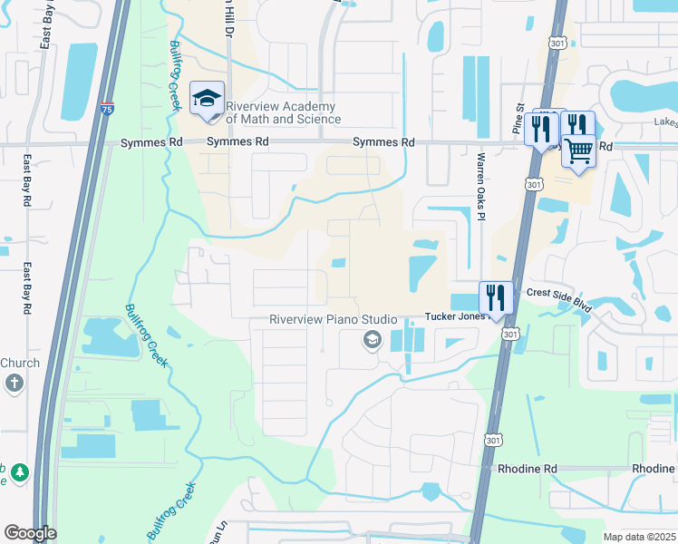map of restaurants, bars, coffee shops, grocery stores, and more near 10320 Tucker Jones Road in Riverview