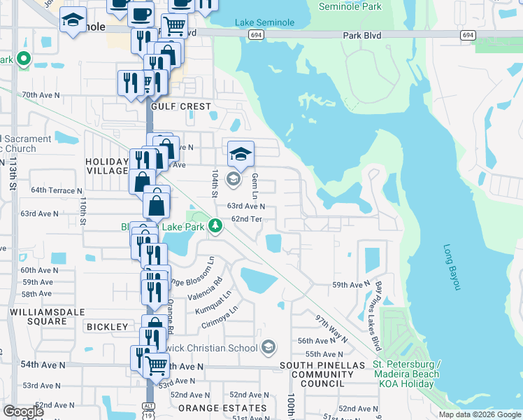 map of restaurants, bars, coffee shops, grocery stores, and more near 10199 62nd Avenue North in Seminole