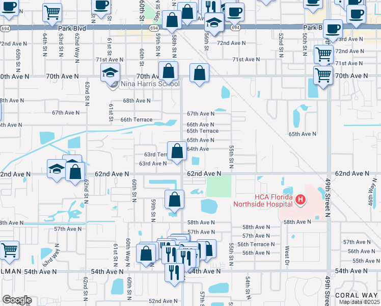 map of restaurants, bars, coffee shops, grocery stores, and more near 2 64th Avenue in Pinellas Park