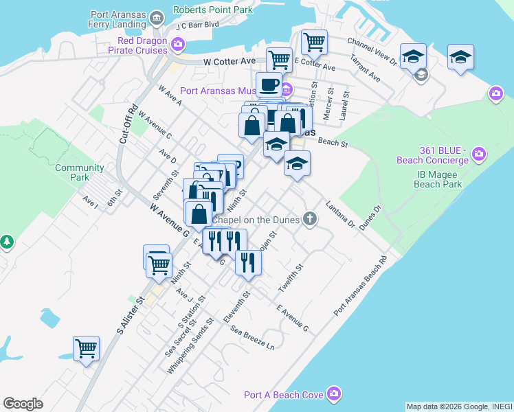map of restaurants, bars, coffee shops, grocery stores, and more near 212 South Station Street in Port Aransas