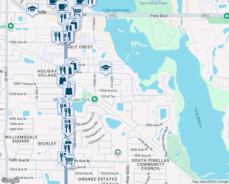 map of restaurants, bars, coffee shops, grocery stores, and more near 10199 62nd Avenue North in Seminole
