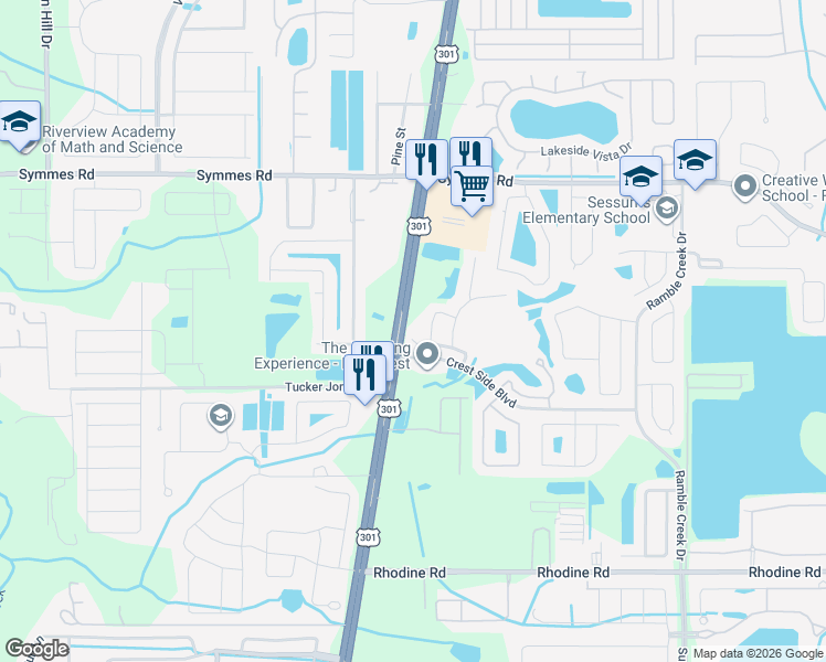 map of restaurants, bars, coffee shops, grocery stores, and more near 10704 River Hawk Lane in Riverview