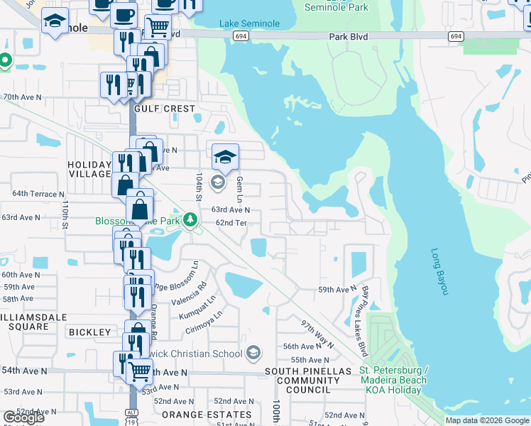 map of restaurants, bars, coffee shops, grocery stores, and more near 6285 101st Way in Seminole