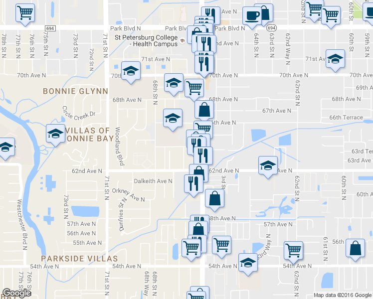 map of restaurants, bars, coffee shops, grocery stores, and more near 6660 64th Avenue North in Pinellas Park