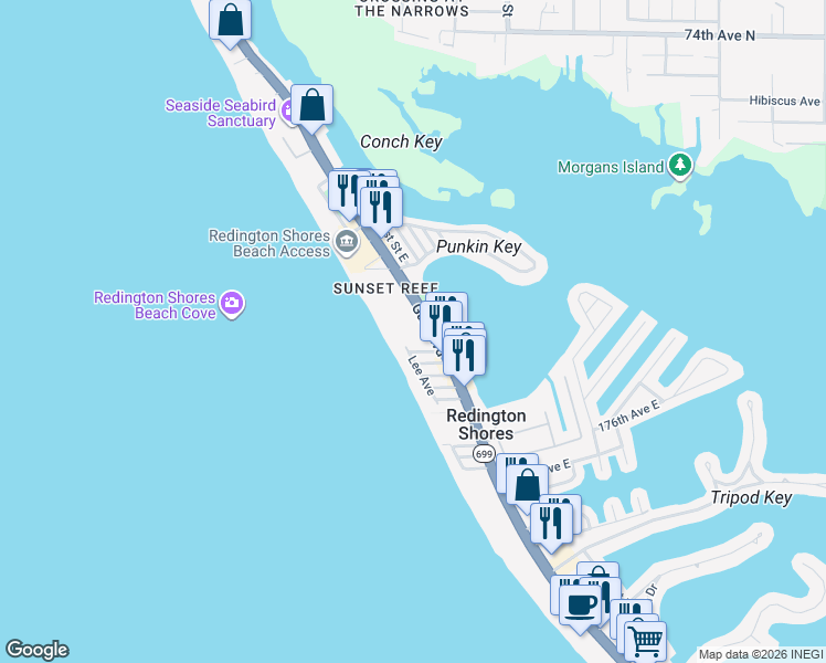 map of restaurants, bars, coffee shops, grocery stores, and more near 17880 Florida 699 in Redington Shores