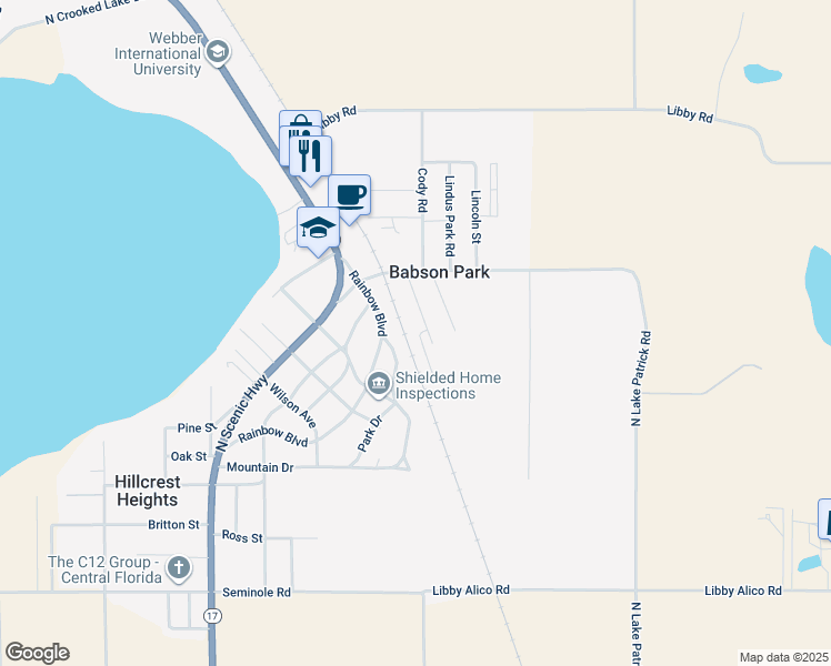 map of restaurants, bars, coffee shops, grocery stores, and more near 101 Bonita Parkway in Babson Park