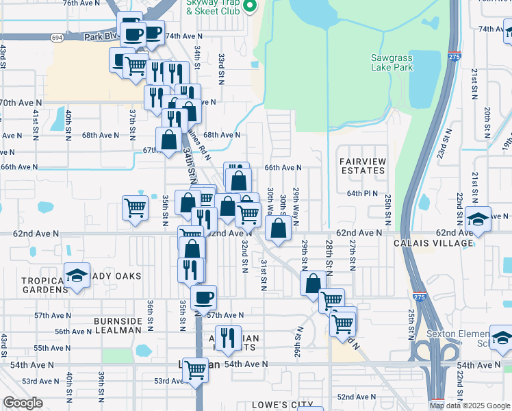map of restaurants, bars, coffee shops, grocery stores, and more near 6329 31st Street North in St. Petersburg