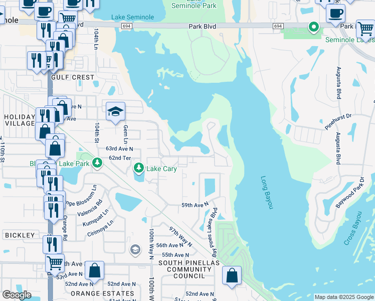 map of restaurants, bars, coffee shops, grocery stores, and more near 9860 62nd Avenue North in St. Petersburg