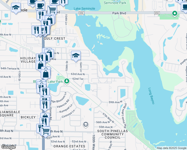 map of restaurants, bars, coffee shops, grocery stores, and more near 6261 101st Way North in Seminole