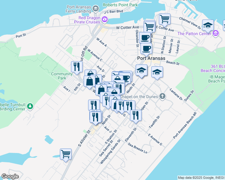 map of restaurants, bars, coffee shops, grocery stores, and more near 516 South Alister Street in Port Aransas