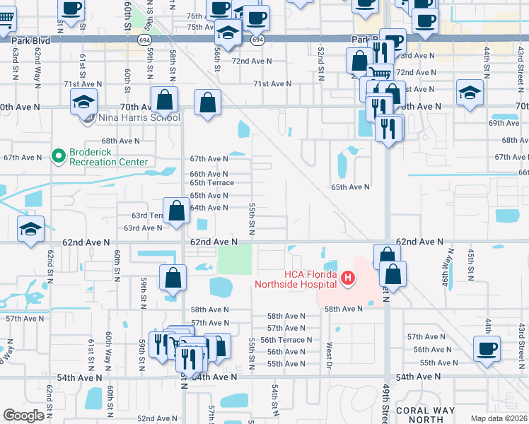 map of restaurants, bars, coffee shops, grocery stores, and more near 5421 63rd Terrace in Pinellas Park