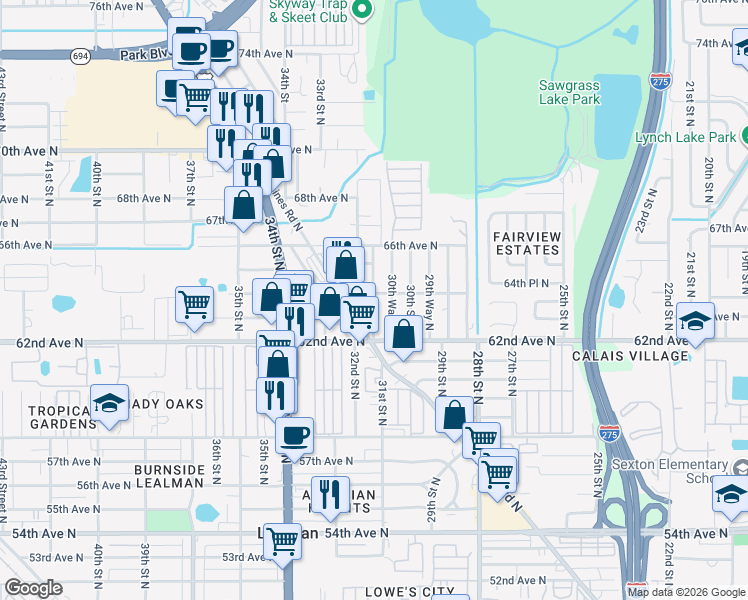 map of restaurants, bars, coffee shops, grocery stores, and more near 6385 31st Street North in St. Petersburg