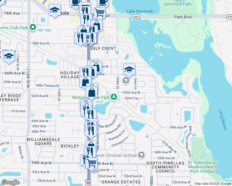 map of restaurants, bars, coffee shops, grocery stores, and more near 6380 104th Street in Seminole
