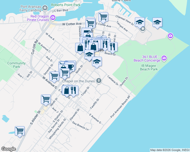 map of restaurants, bars, coffee shops, grocery stores, and more near 500 East Avenue B in Port Aransas
