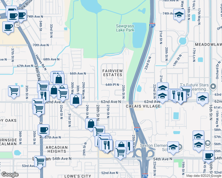 map of restaurants, bars, coffee shops, grocery stores, and more near 6340 27th Street North in St. Petersburg