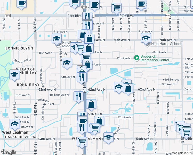 map of restaurants, bars, coffee shops, grocery stores, and more near 6510 64th Avenue North in Pinellas Park