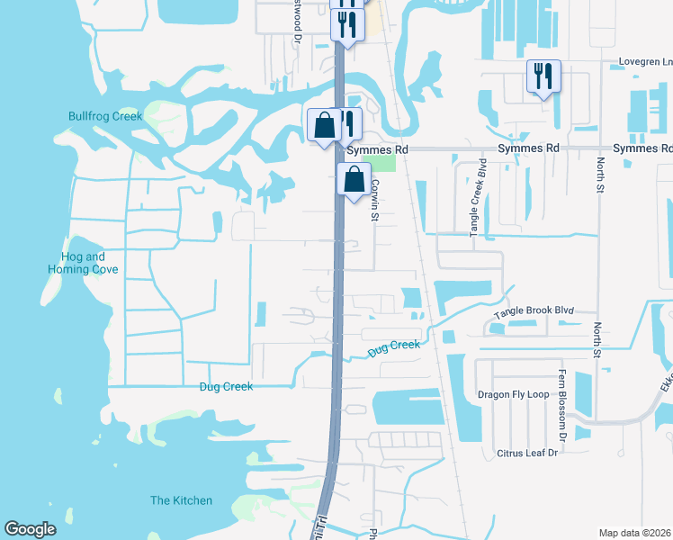 map of restaurants, bars, coffee shops, grocery stores, and more near 6199 Florence Street in Gibsonton