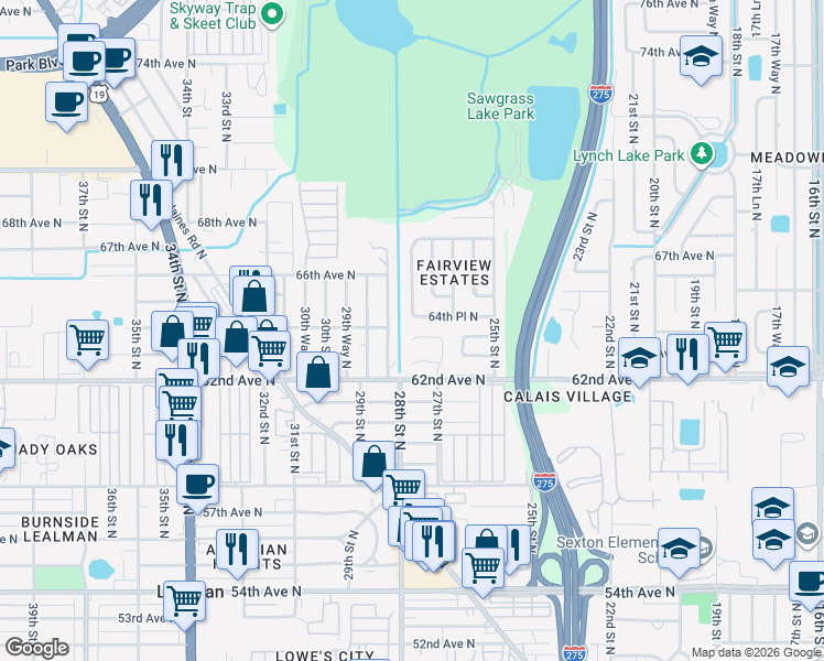 map of restaurants, bars, coffee shops, grocery stores, and more near 2772 63rd Terrace North in St. Petersburg