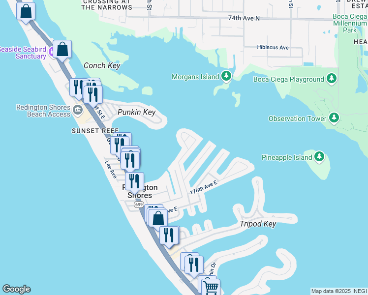 map of restaurants, bars, coffee shops, grocery stores, and more near 17709 Wall Circle in Redington Shores