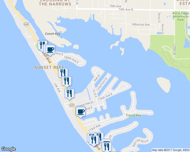 map of restaurants, bars, coffee shops, grocery stores, and more near 17709 Wall Circle in Redington Shores