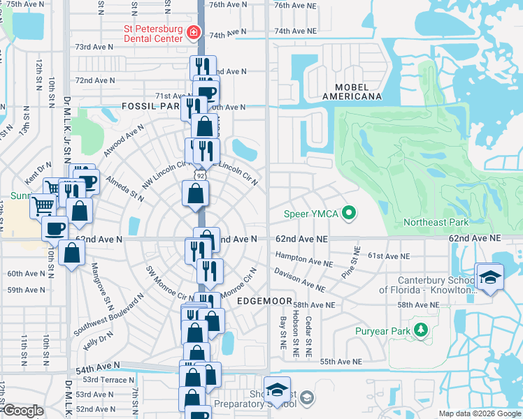 map of restaurants, bars, coffee shops, grocery stores, and more near 6350 1st Street North in St. Petersburg