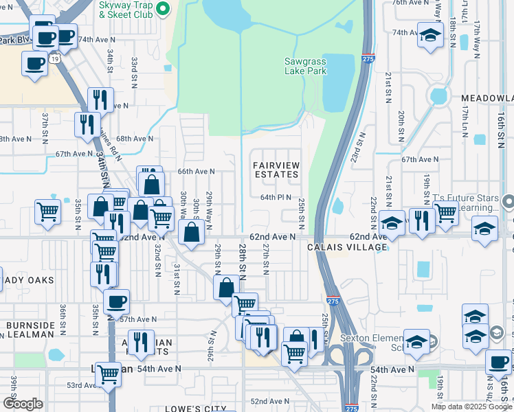 map of restaurants, bars, coffee shops, grocery stores, and more near 2772 63rd Terrace North in St. Petersburg