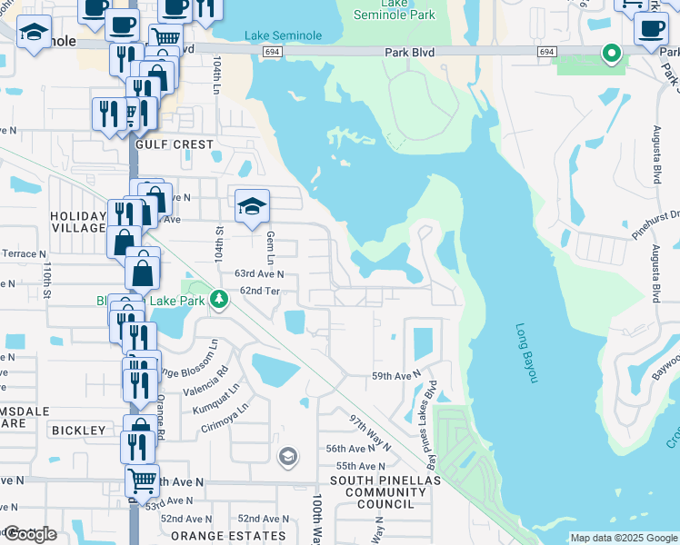 map of restaurants, bars, coffee shops, grocery stores, and more near 10032 65th Avenue North in St. Petersburg