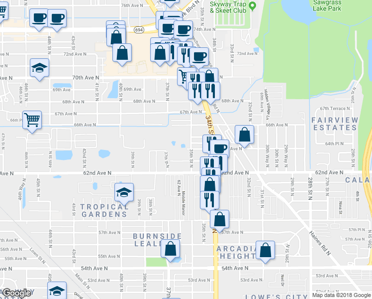 map of restaurants, bars, coffee shops, grocery stores, and more near 6494 64th Avenue in Pinellas Park