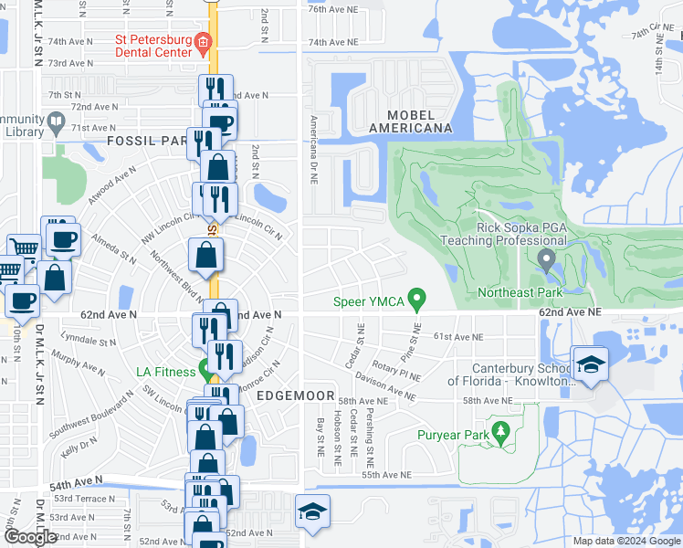 map of restaurants, bars, coffee shops, grocery stores, and more near 6321 Hobson Street Northeast in St. Petersburg