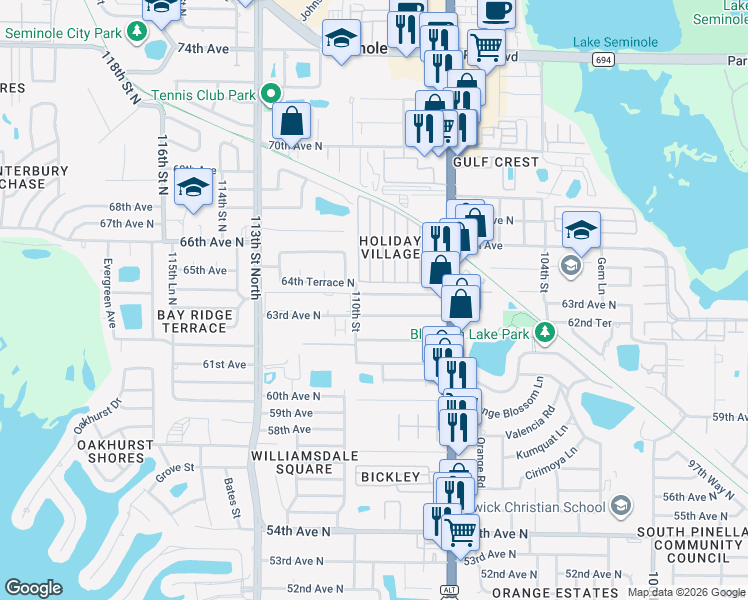 map of restaurants, bars, coffee shops, grocery stores, and more near 10774 63rd Avenue North in Seminole