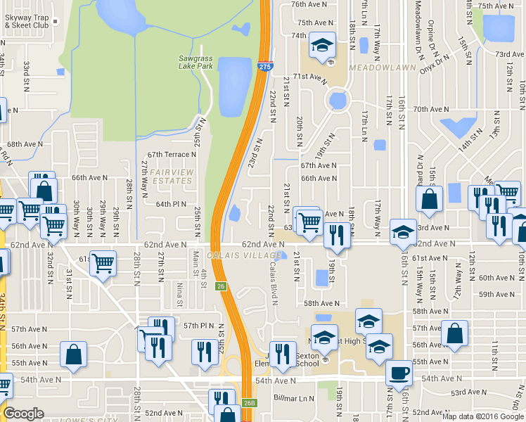 map of restaurants, bars, coffee shops, grocery stores, and more near 6327 23rd Street North in St. Petersburg