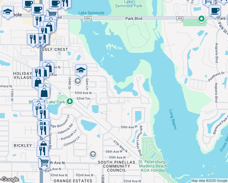 map of restaurants, bars, coffee shops, grocery stores, and more near 10032 65th Avenue North in St. Petersburg
