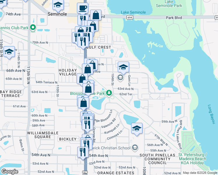 map of restaurants, bars, coffee shops, grocery stores, and more near 6380 104th Street in Seminole