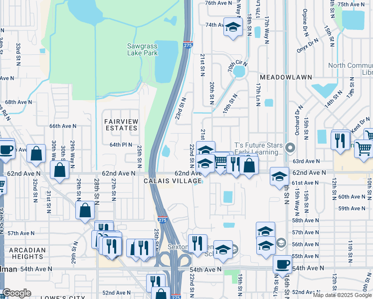 map of restaurants, bars, coffee shops, grocery stores, and more near 6327 23rd Street North in St. Petersburg