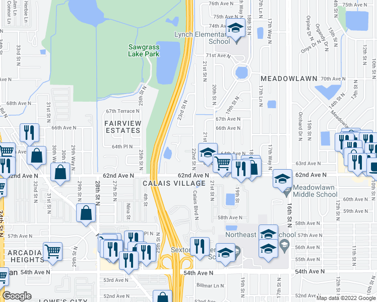 map of restaurants, bars, coffee shops, grocery stores, and more near 6327 23rd St N in St Petersburg