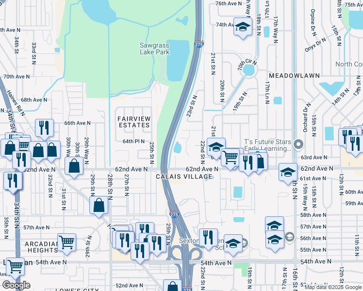 map of restaurants, bars, coffee shops, grocery stores, and more near 6330 23rd Lane North in St. Petersburg