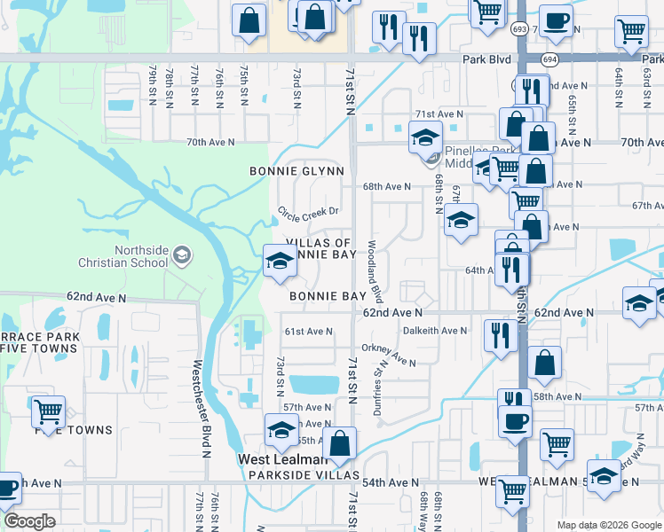 map of restaurants, bars, coffee shops, grocery stores, and more near 6419 Bonnie Bay Circle North in Pinellas Park