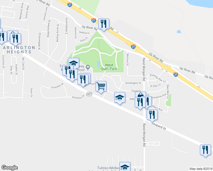 map of restaurants, bars, coffee shops, grocery stores, and more near 2625 Linn Street in Corpus Christi