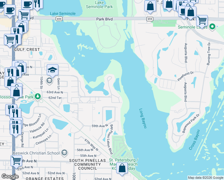map of restaurants, bars, coffee shops, grocery stores, and more near 6399 Shoreline Drive in St. Petersburg