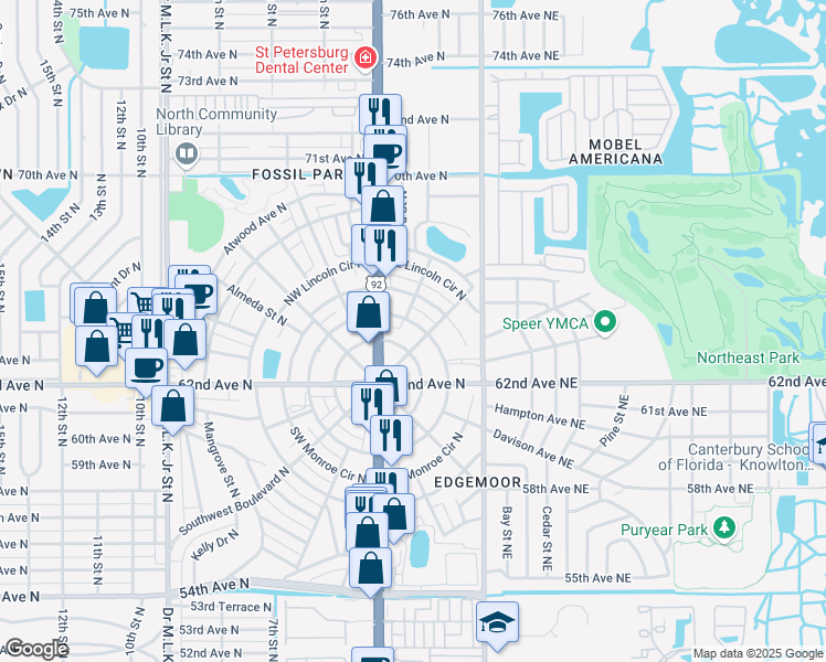 map of restaurants, bars, coffee shops, grocery stores, and more near 141 Northeast Madison Circle North in St. Petersburg