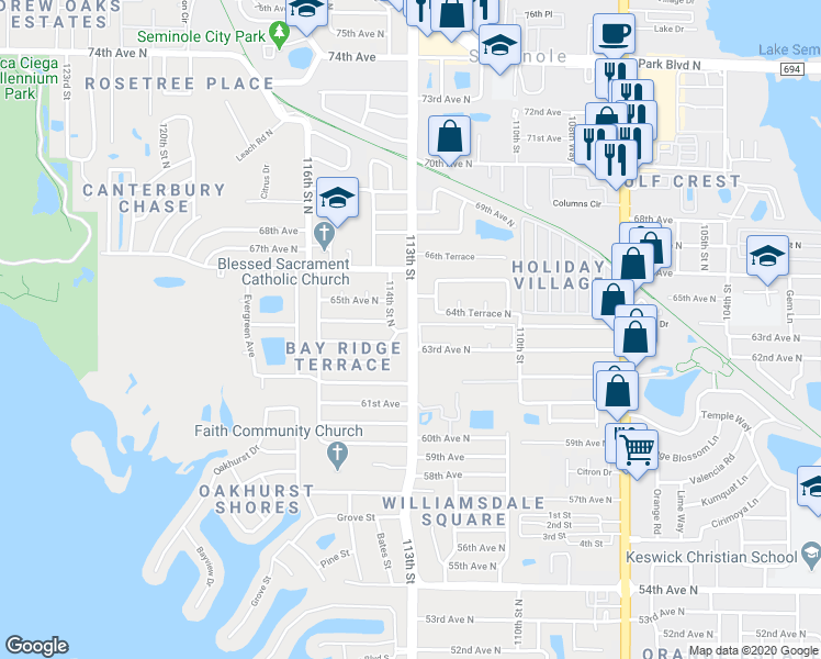 map of restaurants, bars, coffee shops, grocery stores, and more near 10715 64th Avenue in Seminole